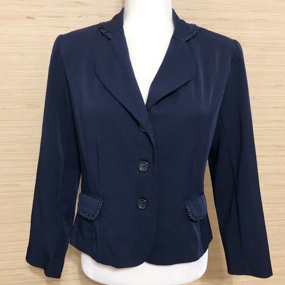 Navy Women's Polkadot Trim Button Front Lightweight Blazer 6 Petite